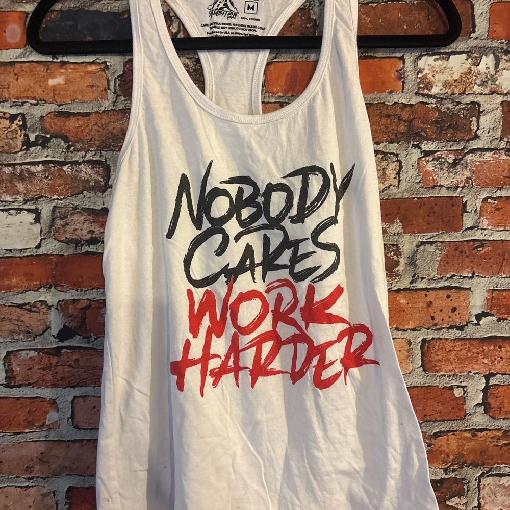 Ambition White Tank Top with Black and Red Text